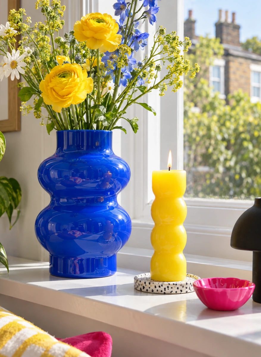 A bold blue vase of flowers beside a yellow candle on a sunny windowsill