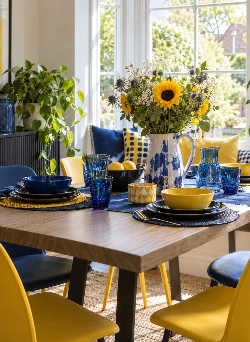 A colourful dining table laid with blue and yellow tableware